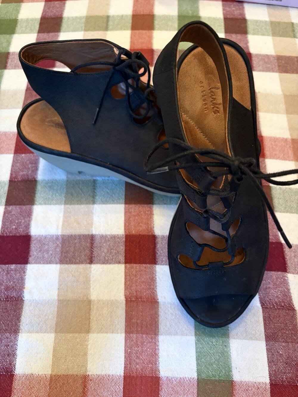 Clarks Women’s Black Lace Up Wedge Sandals Size 8.5 M Leather Open Toe